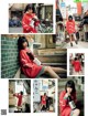 A collage of photos of a woman in a red sweater.