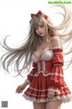 A woman in a red and white dress with long blonde hair.