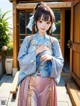 A woman in a blue and pink kimono standing on a porch.