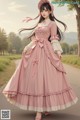 A woman in a pink dress and hat is walking down a road.